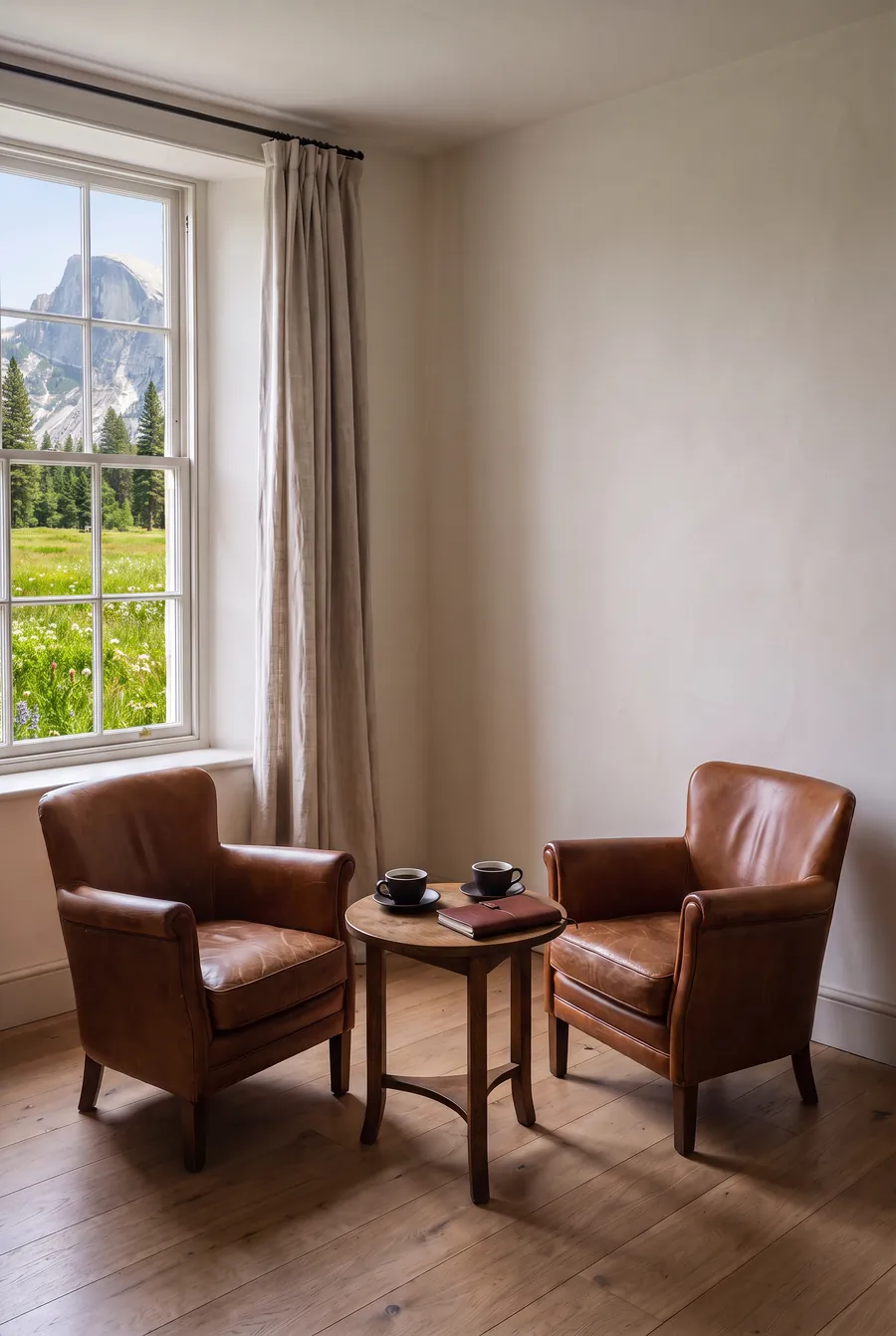 Two leather armchairs and a small table by a window looking out on a grey mountain peak