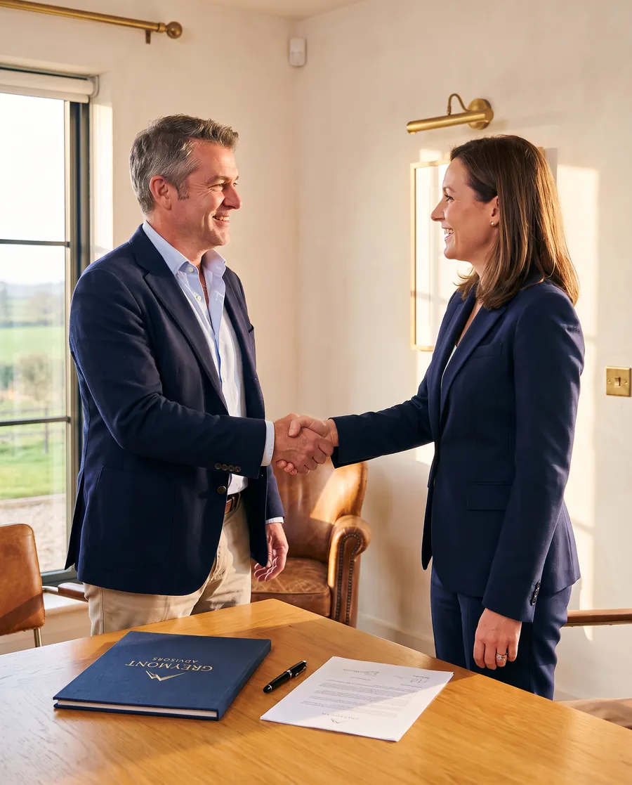 A business owner and an advisor shaking hands over a Greymont Advisors folder in a sunlit office